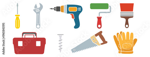 colorful cartoon tool icon set, construction and home repair collection, hammer drill saw and paintbrush symbols, simple hand drawn doodle style illustration,  equipment elements, clean modern 