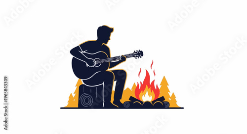A person sits on a tree stump playing guitar by a campfire