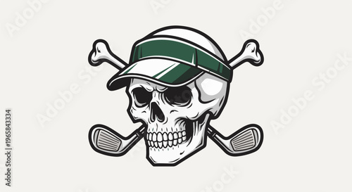 Skull in visor with crossed bones and golf clubs