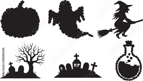 Black Halloween silhouettes of witch, pumpkin, ghost, tree, graveyard and potion bottle
