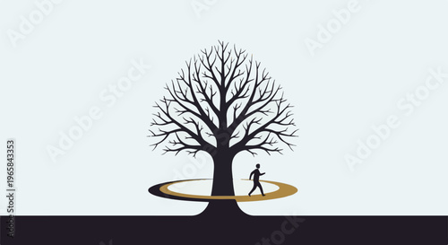 Silhouette of a person walking around a stark, leafless tree on a path