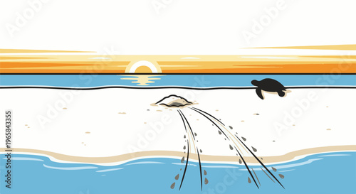 Silhouette of a sea turtle swims towards the ocean at sunset over a sandy beach