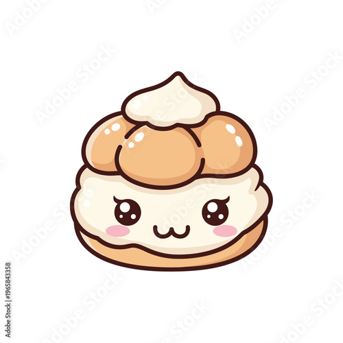 Cute cream puff dessert with happy eyes and whipped cream topping  