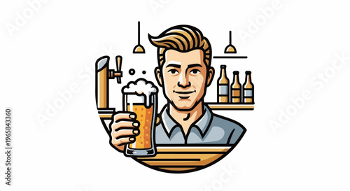 Smiling man holds a foamy glass of amber beer in a bar setting