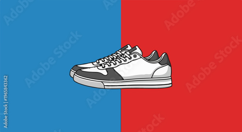 A pair of white and grey sneakers rests on a vibrant split background of blue and red