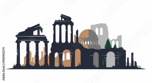 Silhouette of ancient ruins, including columns, arches, and a dome
