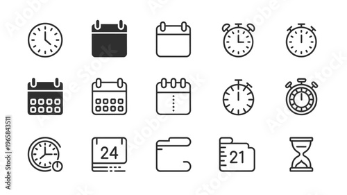 A collection of simple black and white line icons representing various time and calendar concepts