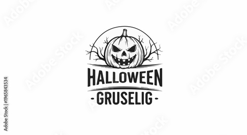 Spooky carved pumpkin with scary face and bare branches, Halloween theme