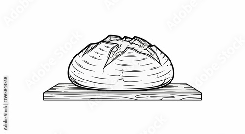 A detailed line drawing of a rustic loaf of bread sitting on a wooden board