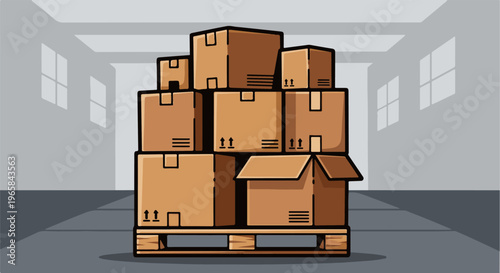 Stack of cardboard boxes on a wooden pallet inside a warehouse