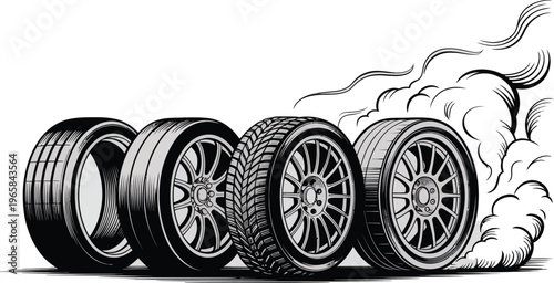 Tire Wheels Spinning Smoke Isolated White Background
