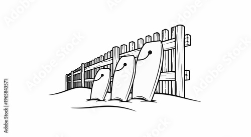 Three bodyboards lean against a rustic wooden fence on a sandy shore
