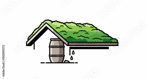 A house with a green roof collects rainwater in a barrel