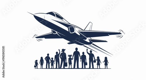 Silhouettes of people and children watch a jet plane take flight in the sky