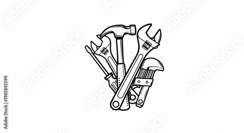 A cluster of black and white hand-drawn tools, including wrenches, a hammer, and a screwdriver