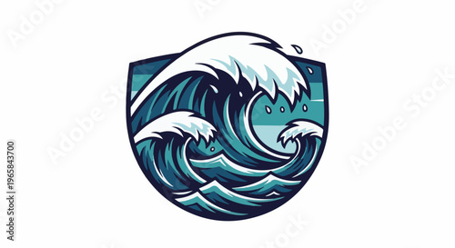 Stylized graphic of crashing ocean waves within a shield shape