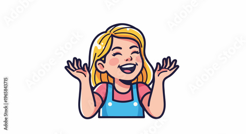 A cartoon girl with blonde hair and a big smile, wearing overalls