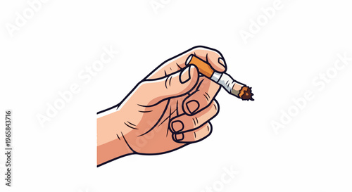 A cartoon hand holds a lit cigarette between the index and middle fingers