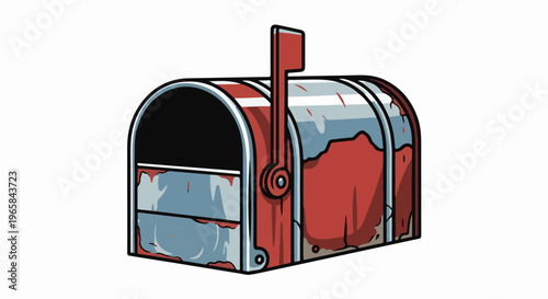 A cartoon illustration of a rustic, red and grey mailbox with signs of wear and tear