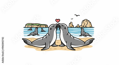 Two seals lean in for a kiss on a sandy beach with rocky outcrops and ocean waves