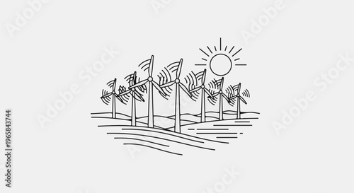 Stylized illustration of wind turbines under a bright sun in a field