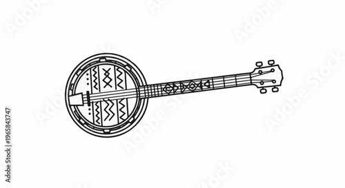 Stylized line drawing of a banjo with geometric patterns on its body and neck