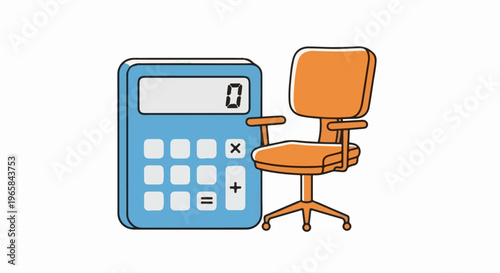 A blue calculator sits next to an orange office chair on a white background