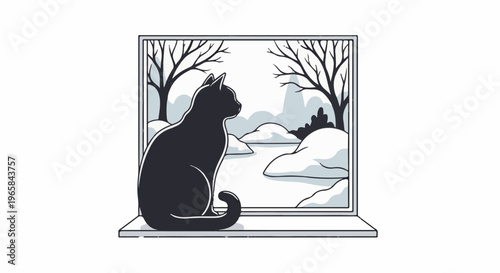 A black cat sits inside, gazing out at a snowy winter landscape