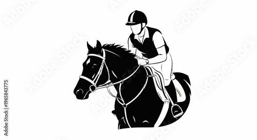 Stylized black and white illustration of a rider on a horse