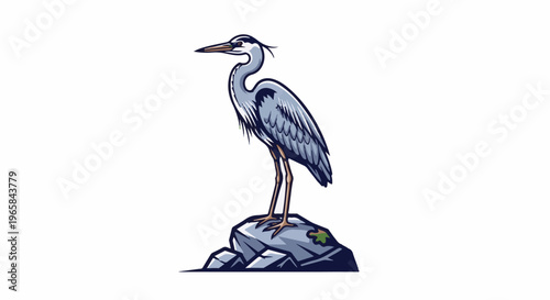 Stylized illustration of a great blue heron perched on a rock
