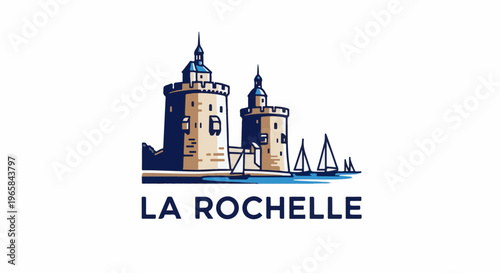 Stylized towers and sailboats by the water with city name below