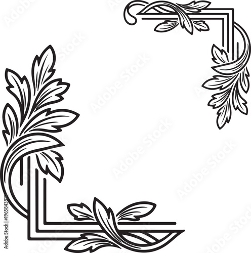 Minimalist floral corner border with swirls and leaves, decorative line art frame element vector