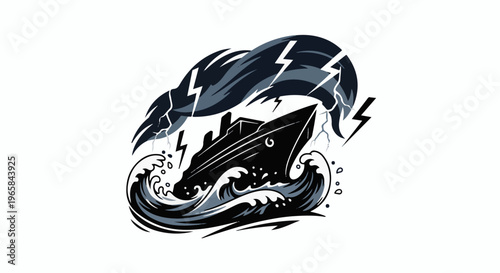 Stylized ship battling a dark, stormy sea with lightning strikes