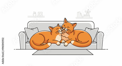 Two orange cats affectionately nuzzle on a gray sofa