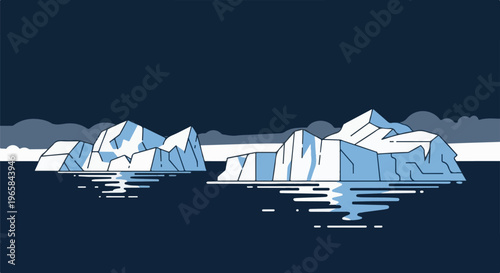 Two flat style icebergs float in dark, calm water under a cloudy sky