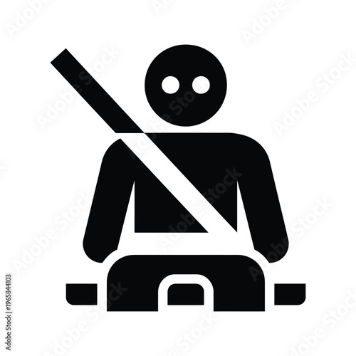 Black pictogram of person wearing seatbelt in car, safety icon representing traffic or travel security, simple symbolic representation on transparent background.