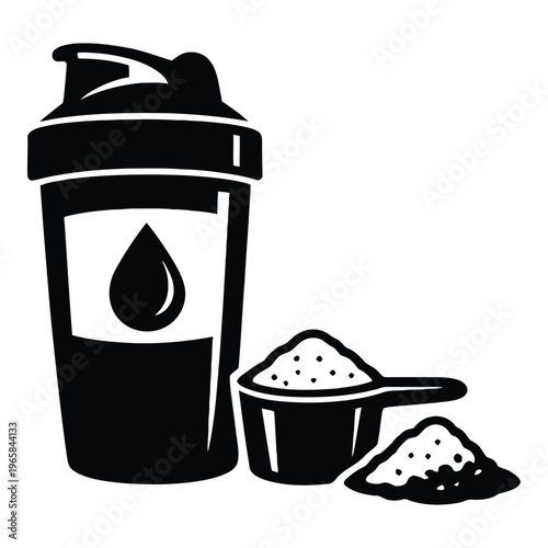 Protein shaker, scoop, and powder icon vector for fitness and nutritional supplements, weight loss, pre workout, line art