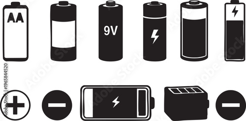 Black silhouette battery with symbols and labels on white
