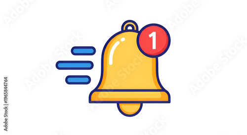 Yellow cartoon bell icon with blue lines and red notification number one alert sound