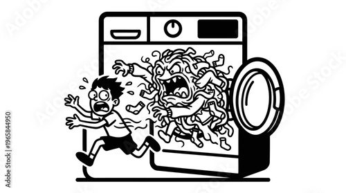 Minimalist Washing Machine with Laundry Monster Line Art, Monochrome Vector Illustration of Household Comedy