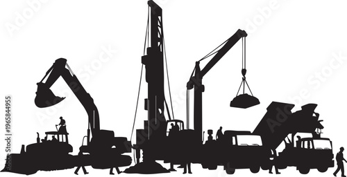 Black silhouette construction site with excavator crane and workers