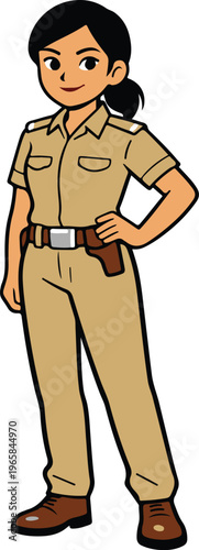 Confident Female Police Officer or Security Guard in Khaki Uniform with Holster Belt Standing in Professional Pose, Clean Cartoon Character Design vector illustration
