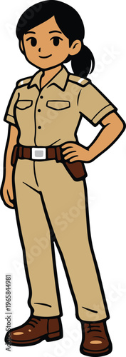 Confident Female Police Officer or Security Guard in Khaki Uniform with Duty Belt and Holster Standing in Professional Pose, Friendly Cartoon Character Design vector illustration
