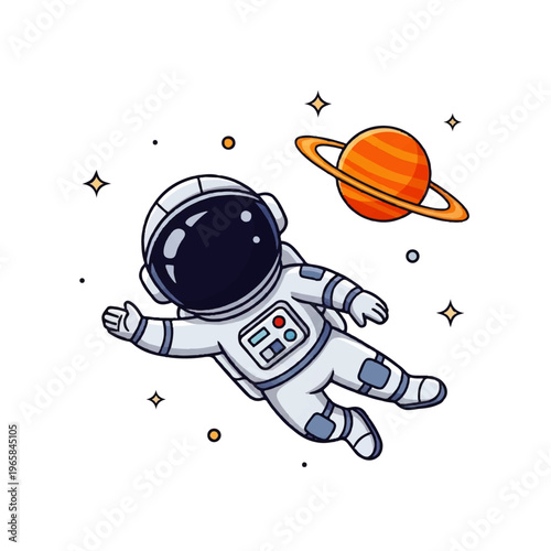 Vector flat design illustration of a cute astronaut floating in space near a ringed planet and stars