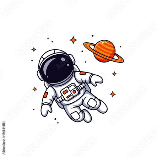 Vector flat design illustration of a cute astronaut floating in outer space near a ringed planet and stars