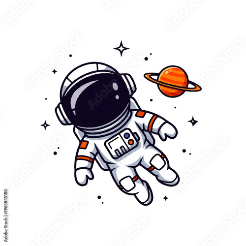 Vector flat design illustration of a cute astronaut floating in space near a planet with rings, surrounded by stars