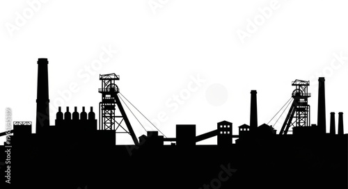 Silhouette of a Coal Mine Landscape with Towers and Structures.