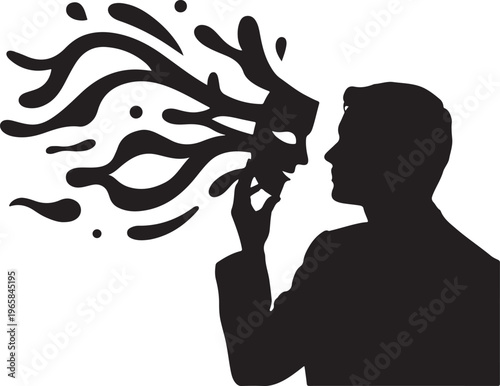 A silhouette of a man holding a mask that is dissolving into fluid abstract shapes and ink splatters