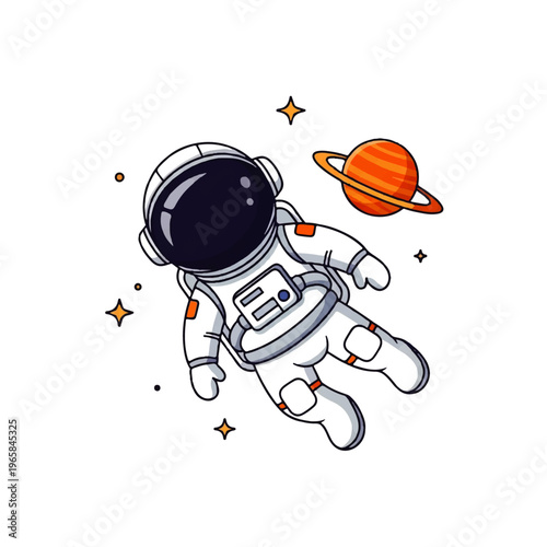 Vector flat design illustration of a cute astronaut floating in outer space with a colorful planet and stars