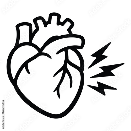Simple line art icon of a human heart experiencing pain or attack, medical health concept, lightning bolts, chest pain